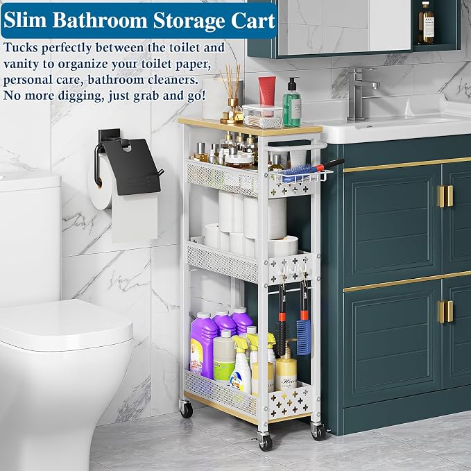 Rolling Slim Storage Cart, 4-Tier Narrow Bathroom Laundry Room Organization Cart - Image 3