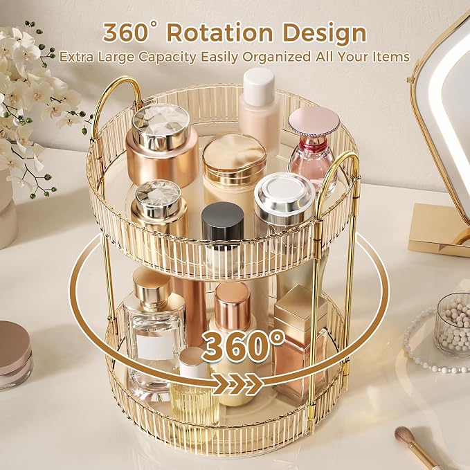360° Rotating Makeup Organizer, Large Capacity Skincare Organizer, 2 Tier - Image 3