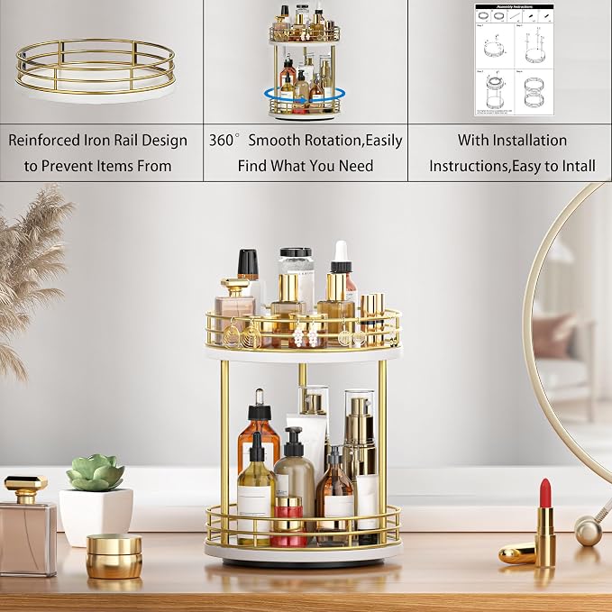 2-Tier Rotating Bathroom Countertop Organizer, Wooden Makeup Vanity Storage - Image 6