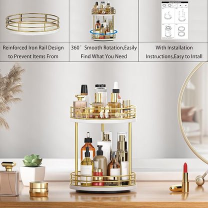 2-Tier Rotating Bathroom Countertop Organizer, Wooden Makeup Vanity Storage - Image 6