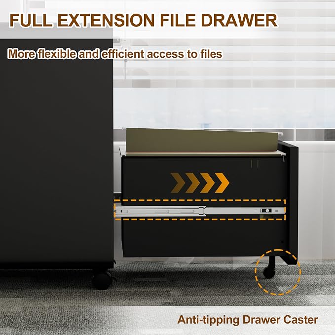 3 Drawer File Cabinet with Lock and 4 Keys, Mobile Metal Filing Cabinet - Image 6