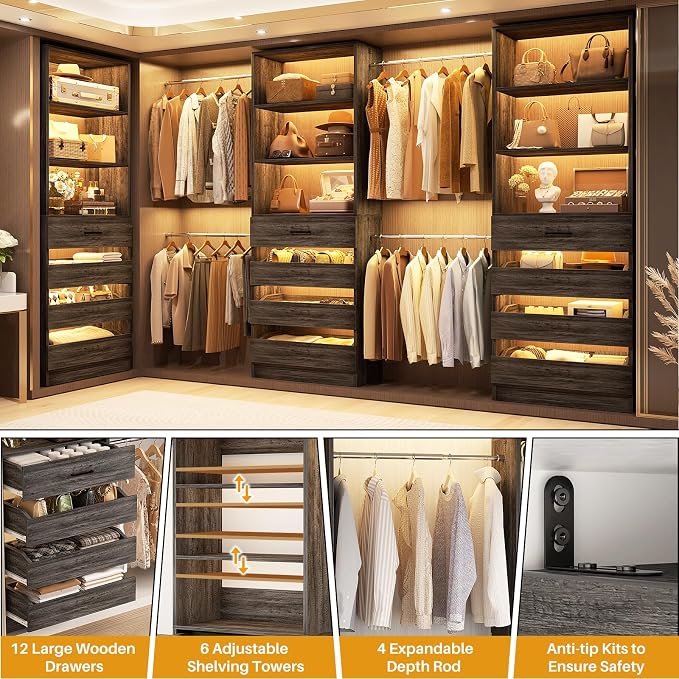 Aheaplus Closet System with 12 Drawers, 8.5-11.5Ft Wood Closet Organizer System - Image 4