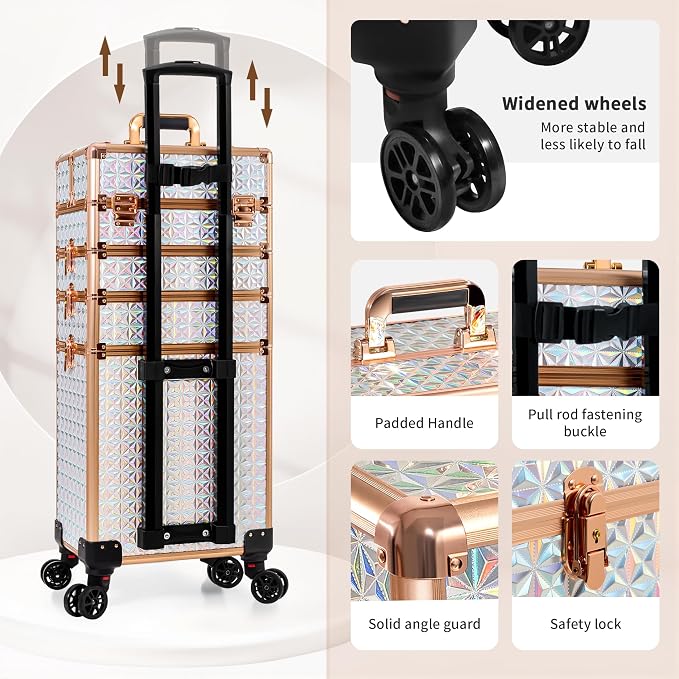 AROUS 5 in 1 Rolling Makeup Train Case Cosmetology Case on Wheels Large - Image 7