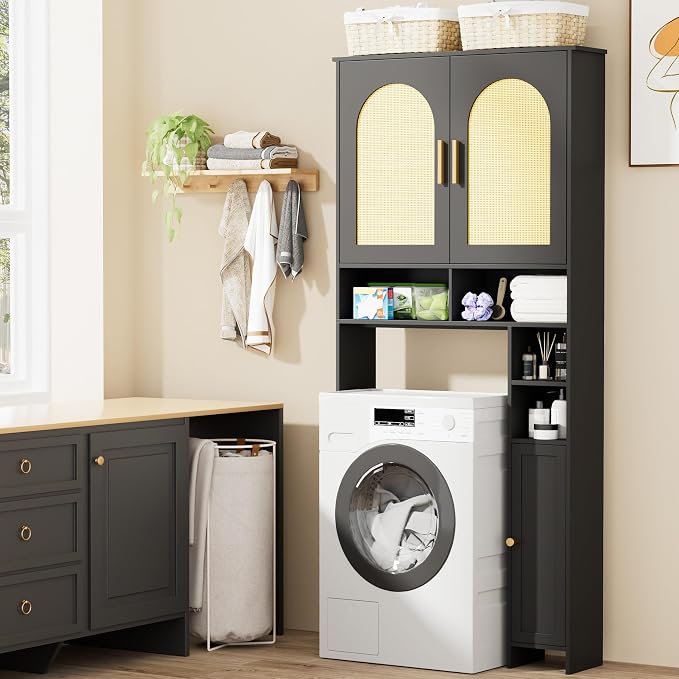 Homhedy Wooden Over The Toilet Storage Cabinet, Natural and Black | Bathroom - Image 5