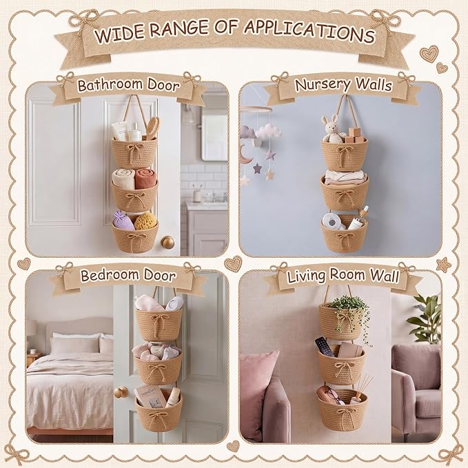 3-tier Hanging Basket Wall Mounted Coquette Bow Cotton Rope Hanging Storage - Image 6