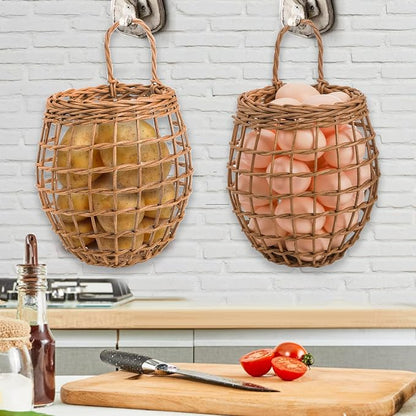 Elsjoy Set of 2 Hanging Onion Basket, Wall Mount Small Wicker Baskets - Image 5