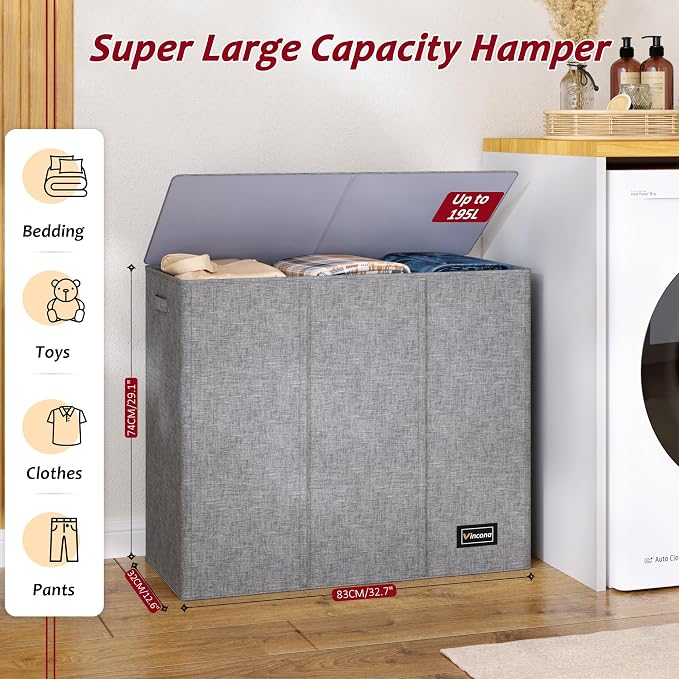 195L Laundry Hamper 3 Section, Large Laundry Hamper - Image 2