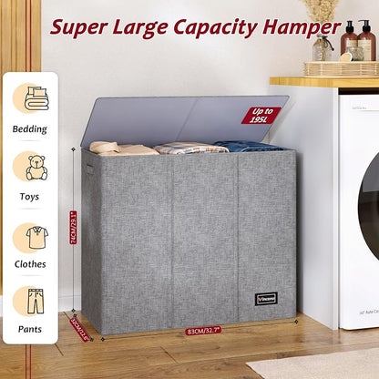 195L Laundry Hamper 3 Section, Large Laundry Hamper - Image 2