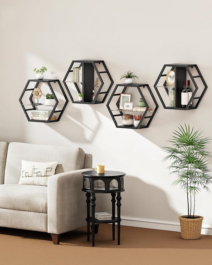 Hexagon Floating Shelves Set of 2, Glass Hanging Shelves - Image 6
