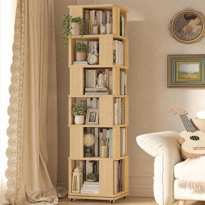 6 Tier Solid Wood Rotating Bookshelf Tower on Wheels, 360° Upgrade Spinning by Easyego