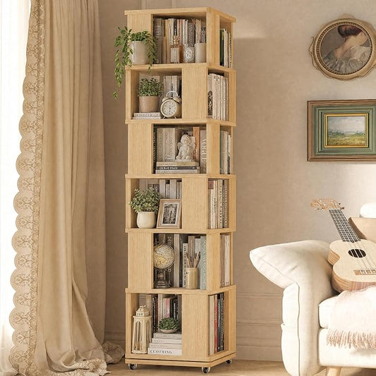 6 Tier Solid Wood Rotating Bookshelf Tower on Wheels, 360° Upgrade Spinning by Easyego