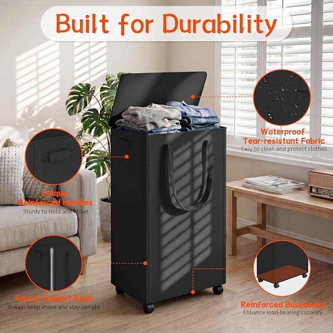 Slim Laundry Hamper with Wheels, 20 Gal Rolling Laundry Basket with lid and - Image 3