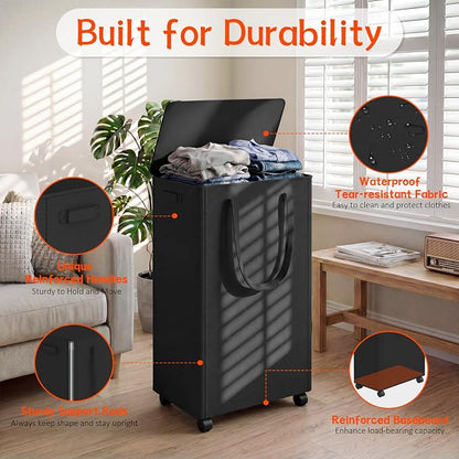 Slim Laundry Hamper with Wheels, 20 Gal Rolling Laundry Basket with lid and - Image 3