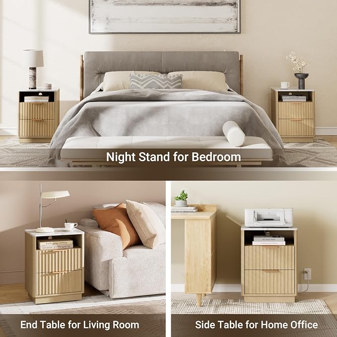 Fluted Night Stand Set 2 with Charging Station, 2 Drawers End Table with Storage - Image 7