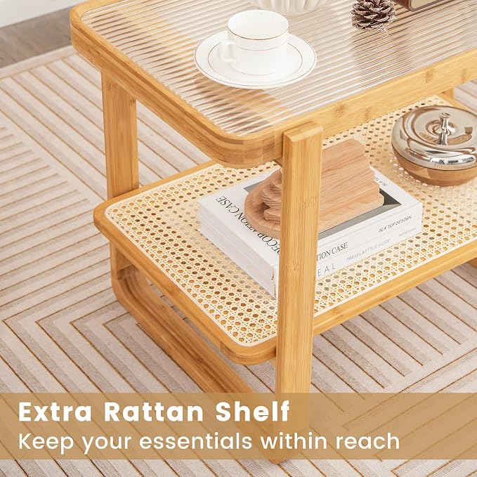 GOFLAME Bamboo Side Table with Glass Top, 2-Tier End Table with PE Rattan - Image 5