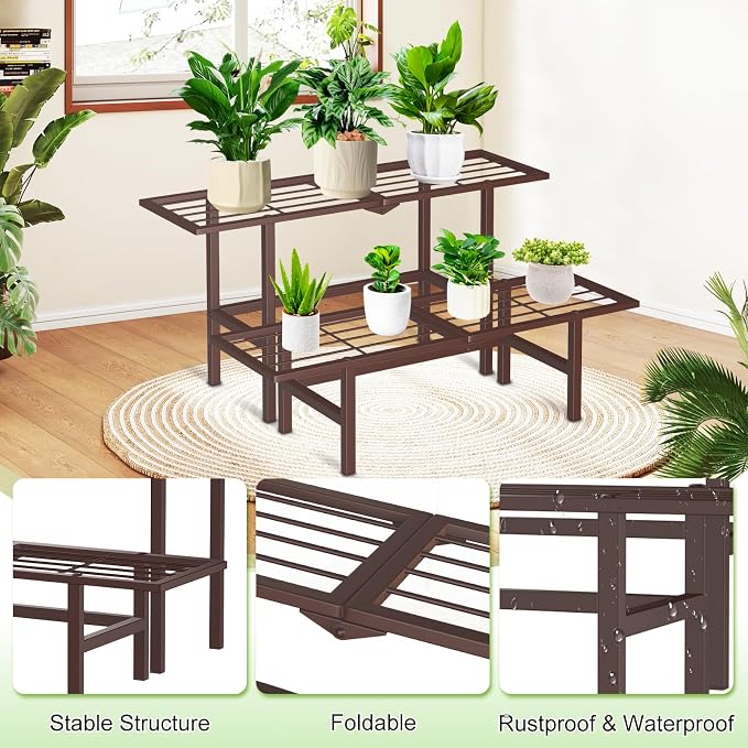 2 Tier Plant Stand Indoor Outdoor, Foldable Metal Separated Ladder Plant Stands - Image 3