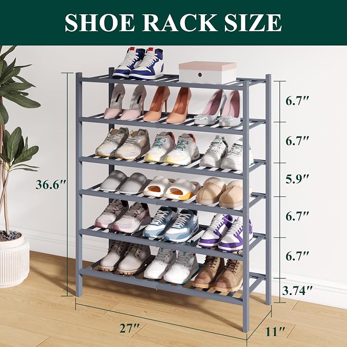 Smiry Bamboo Shoe Rack for Closet, 6 Tier Wooden Stackable Shoe Organizer - Image 2