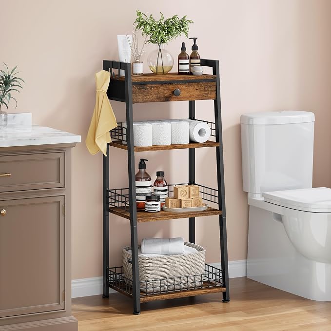 4-Tier Ladder Shelf with Drawer, Bathroom Stand Floor Storage Shelf, - Image 2