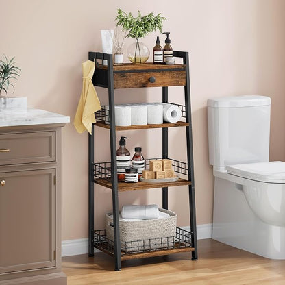 4-Tier Ladder Shelf with Drawer, Bathroom Stand Floor Storage Shelf, - Image 2