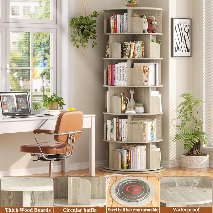 Aheaplus 6 Tier Rotating Bookshelf, Wood Spinning Bookshelf Tower, Round - Image 4