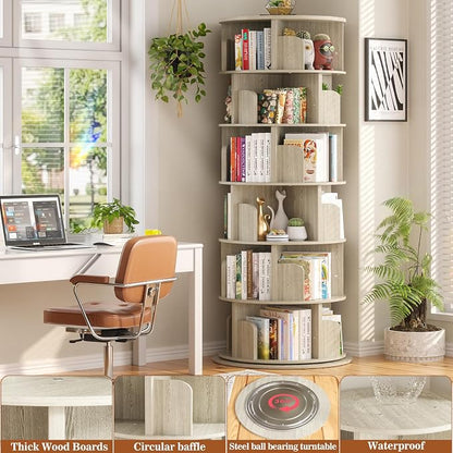 Aheaplus 6 Tier Rotating Bookshelf, Wood Spinning Bookshelf Tower, Round - Image 4