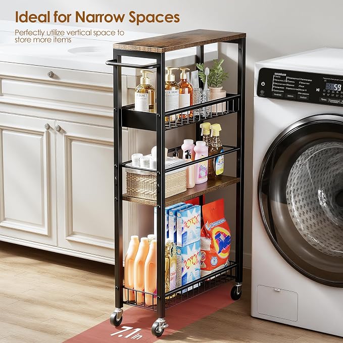 Slim Rolling Storage Cart, 4 Tier Narrow Storage Cart, 7.1in | Metal Kitchen - Image 2
