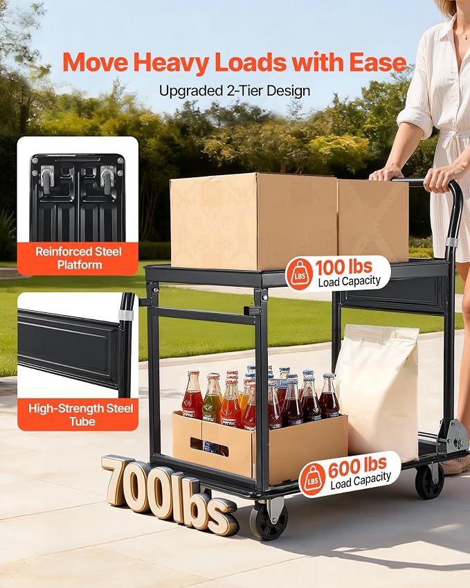 VEVOR Heavy Duty 2 Tier Platform Hand Truck, 700 lbs 2 Tier Push Tool Cart - Image 2