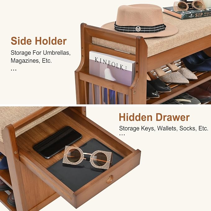 PETKABOO 2 Tier Shoe Bench, Bamboo Shoe Rack Bench, Shoe Storage Bench Organizer - Image 5