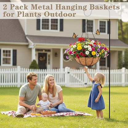 EIMQUVW 2 Pack Black Metal Round Hanging Basket 12 Inch Decorative Outdoor - Image 7