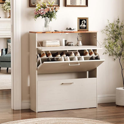 VINGLI Set of 2 Rustic White Shoe Cabinet - Image 4