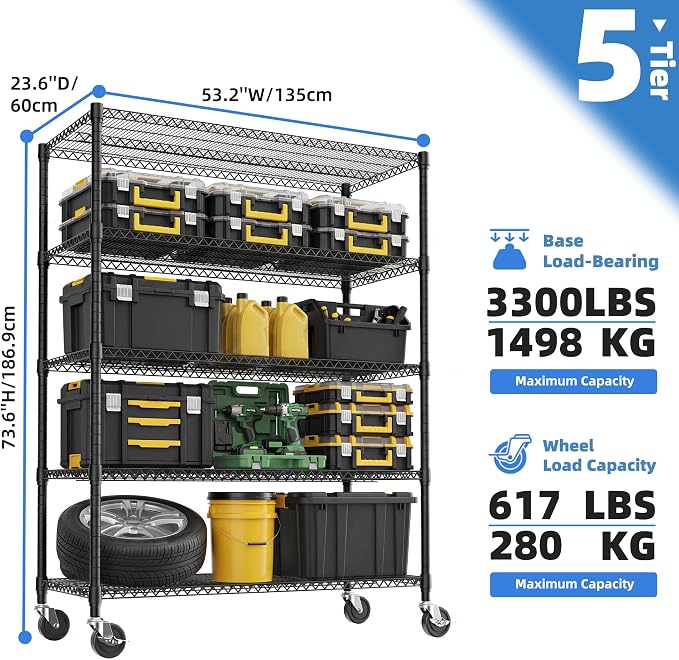 M MZG 5 Tiers Storage Shelves Load 3300 LBS, Metal Shelving Wire Metal Shelving - Image 3