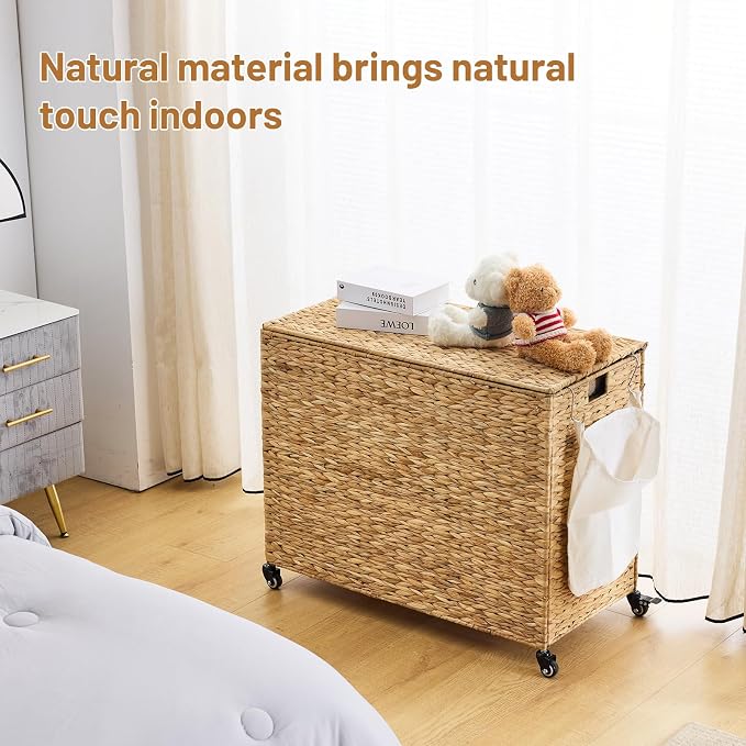 Laundry Hamper with Wheels, 52.8 Gallon Water Hyacinth Laundry Basket with Lid - Image 3
