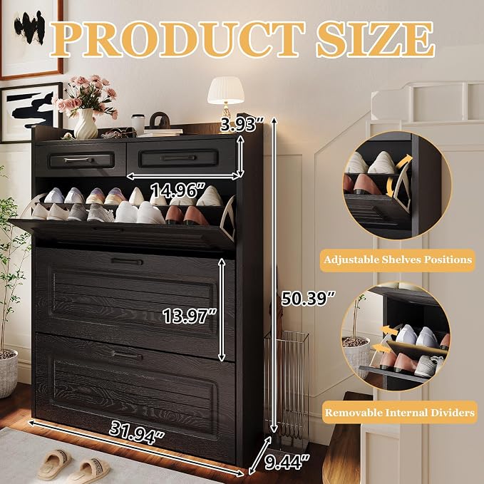 ODUWA Shoe Cabinet with 3 Flip Drawers and 2 Storage Drawers, Shoes Organizer - Image 2