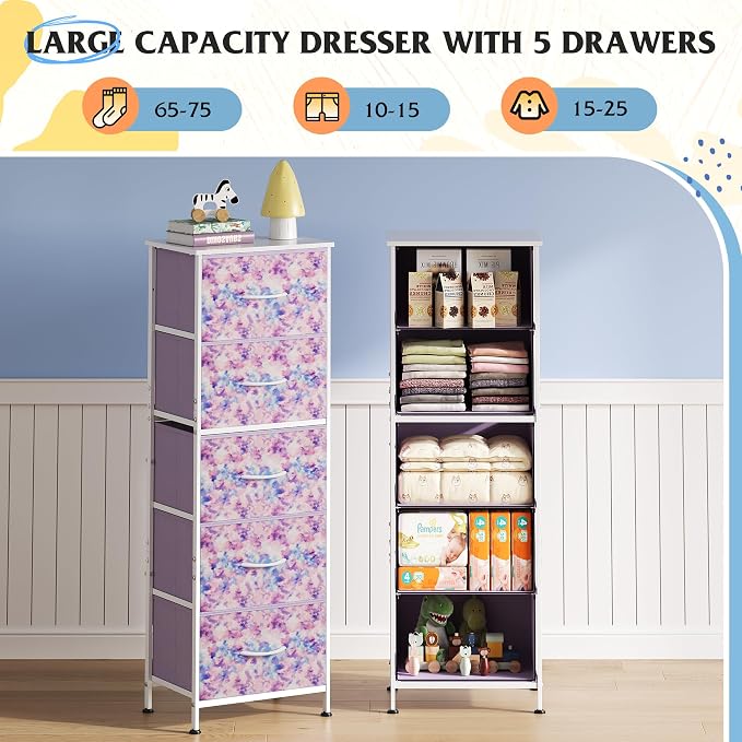 WLIVE Tall Dresser for Bedroom, 5 Drawer Dresser, Tie-Dye | 5 vertical fabric - Image 4