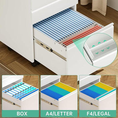 Bonusall 3 Drawer White File Cabinet, Fully Assembled Metal Rolling Filing - Image 4
