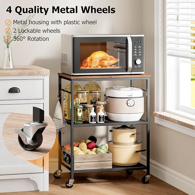 Homleke 3-Tier Rolling Kitchen Microwave Cart, Kitchen Utility Cart on Lockable - Image 2