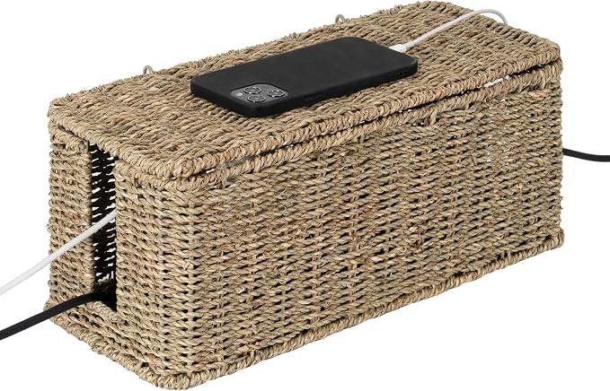 StorageWorks Large Cable Management Box, 2 Slots Wicker Cable Organizer to Hide by StorageWorks