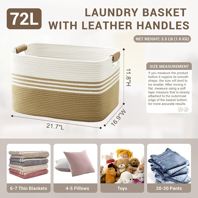 72L Large Laundry Basket with Leather Handles - Image 2