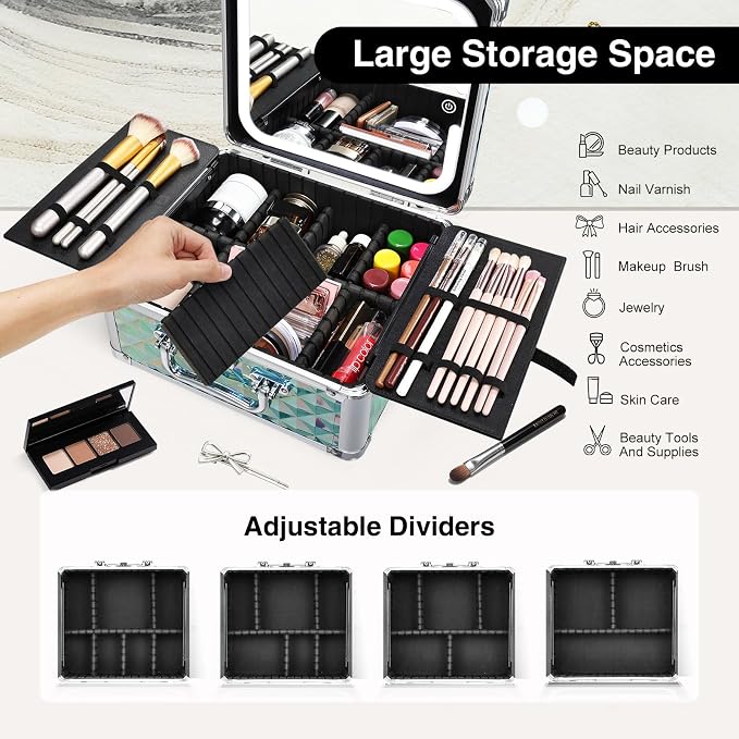 Makeup Case with Magnetic LED Mirror Travel Cosmetic Organizer Portable Makeup - Image 4