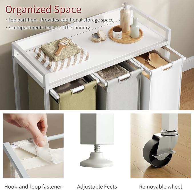 Laundry Hampers with Shelf, Laundry Basket 3 Section, Laundry Sorter with - Image 3