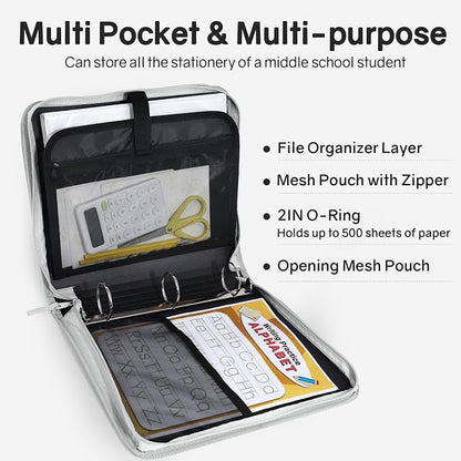 SUNEE Zippered Binder Bag with Handle, 2-Inch 3-Ring O-Ring, 500-Sheet Capacity - Image 3