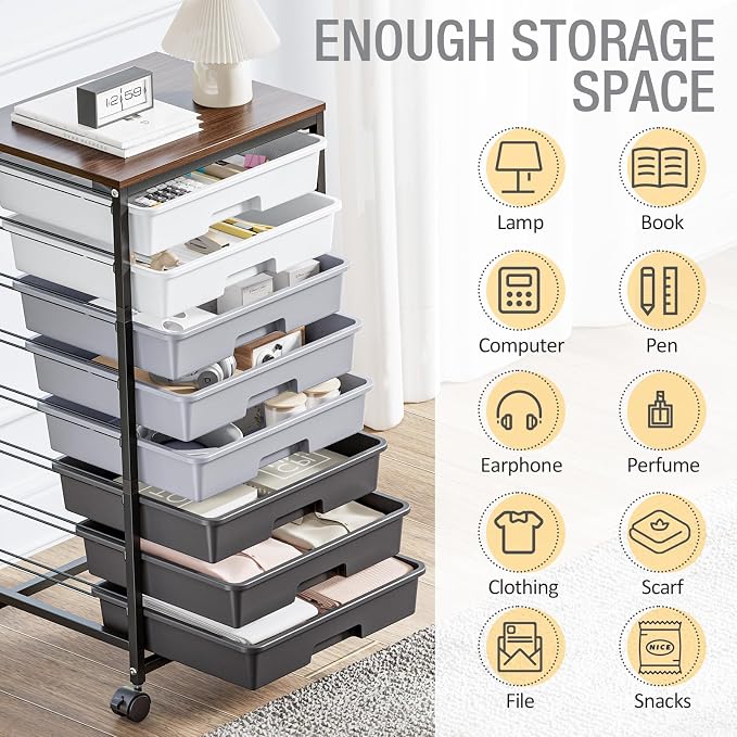 Rolling Storage Cart with 8 Drawers, Utility Cart on Wheels with Wooden Tabletop - Image 8