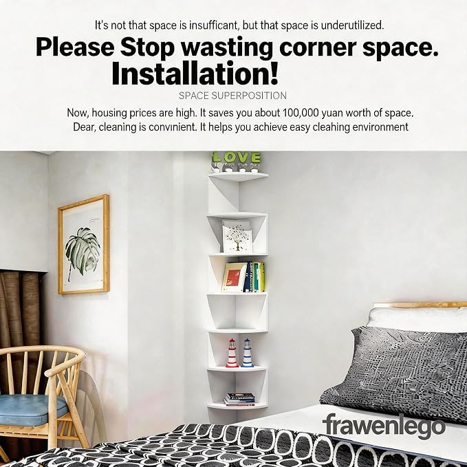 7-Tier Corner Shelf Wall Mount, Screw-Mounted Floating Bookshelf - Image 3