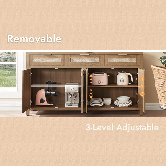 HOKYHOKY 63" Rattan Sideboard Buffet Cabinet, Boho Storage Cabinet - Image 7