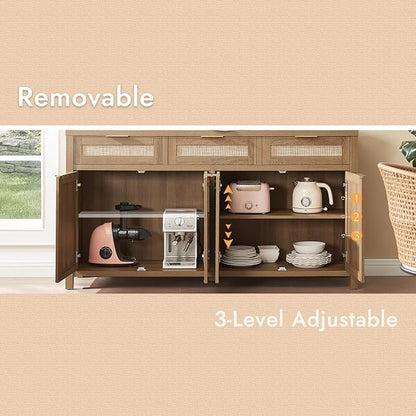 HOKYHOKY 63" Rattan Sideboard Buffet Cabinet, Boho Storage Cabinet - Image 7