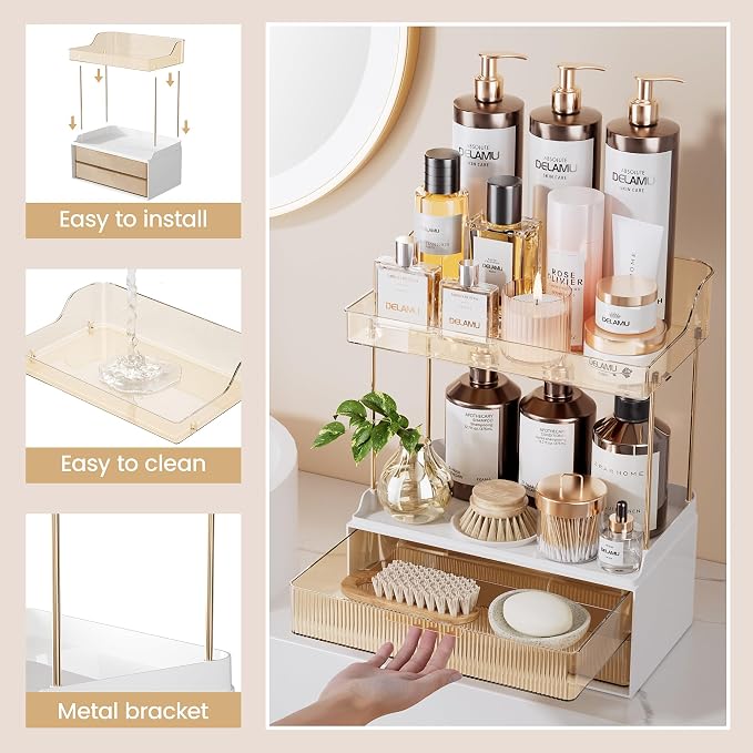 Delamu 4-Tier Makeup Organizer, Bathroom Counter, 2 Drawers, Amber 2Pack | - Image 8
