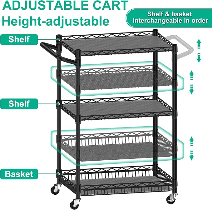 3 Tier Rolling Cart with Wheels, Metal Utility Cart - Image 6