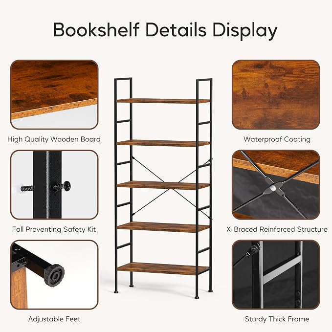 HealSmart 5 Tier Bookshelf, Free Standing Book Shelf Home Office Bookcase Shelf - Image 4