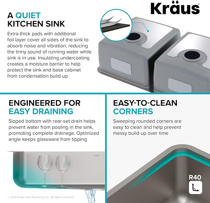 KRAUS Dex 33-Inch Undermount 50/50 Double Bowl TRU16 Gauge Stainless Steel - Image 4