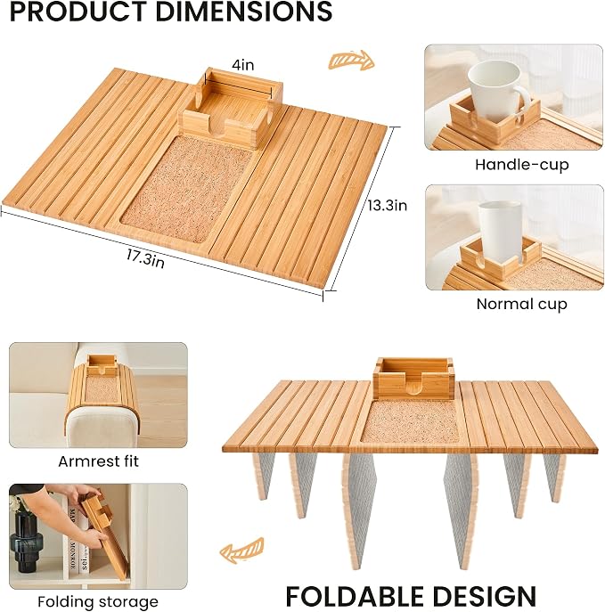 Bamboo Couch Cup Holder, Foldable Sofa Arm Tray, Anti-Slip Couch Aremrest Tray - Image 3
